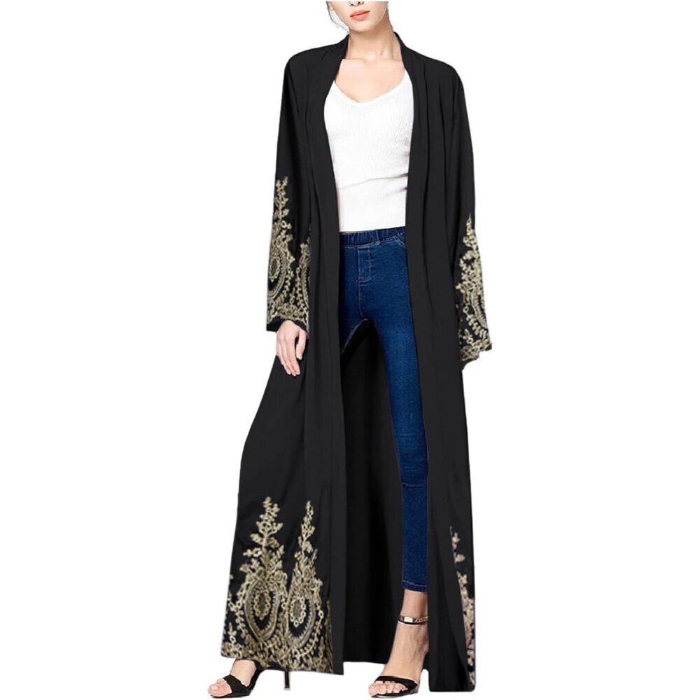 Embroidered Women Abaya Polyester Maxi Dress Bell Sleeves Formal Casual